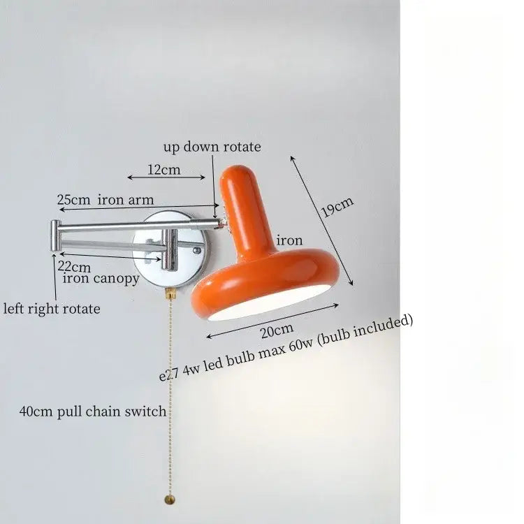 Orange ceramic wall lamp with adjustable cream iron art arm and canopy for modern decorbites cream iron decor