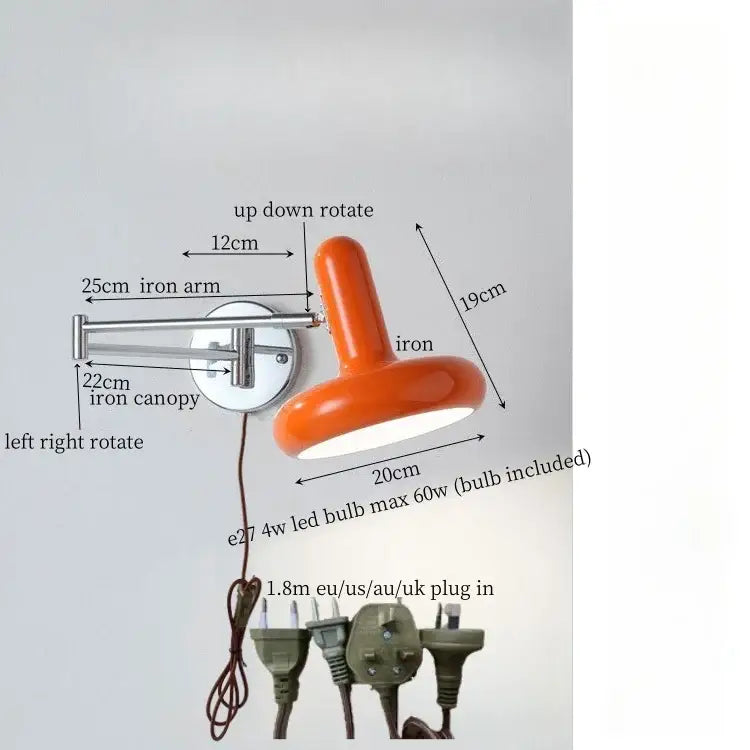 Orange ceramic wall lamp with adjustable cream iron art arm and canopy for modern bedroom decorbites cream iron style