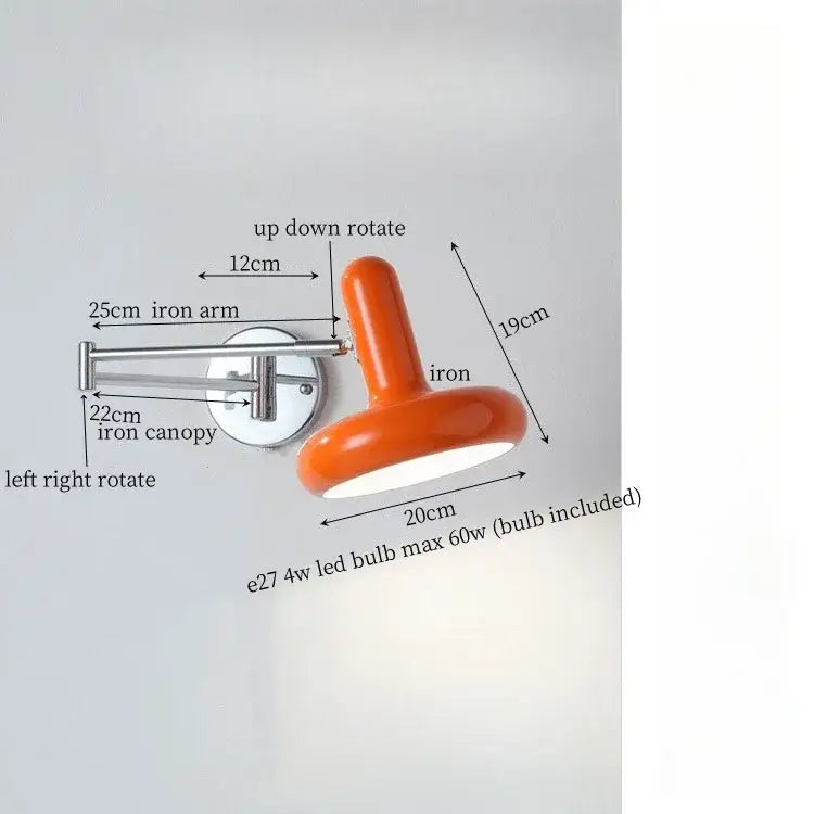 Orange ceramic wall lamp with adjustable cream iron art arm and canopy for modern bedroom decorbites cream iron design
