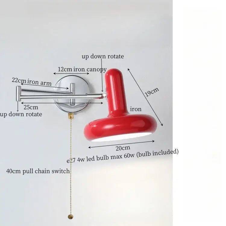 Red glossy iron wall lamp with adjustable arm and canopy perfect for decorbites cream iron art bedroom use