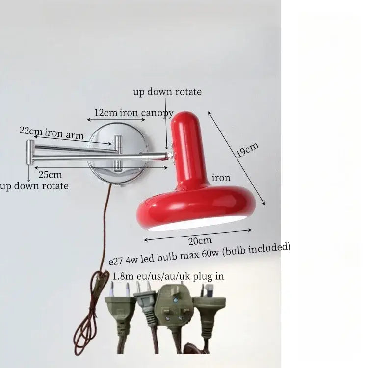Red glossy iron wall lamp with adjustable arm and canopy featuring decorbites cream iron art design for modern bedroom decor