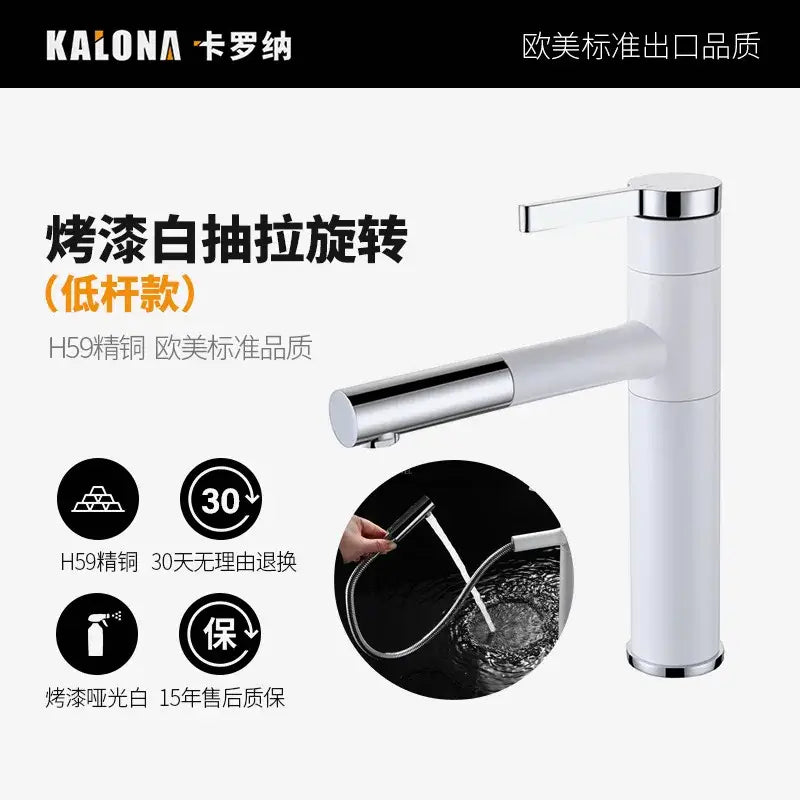 Modern white ceramic wall mounted wash basin with a white enamel pull-out faucet and chrome spout made from h59 brass