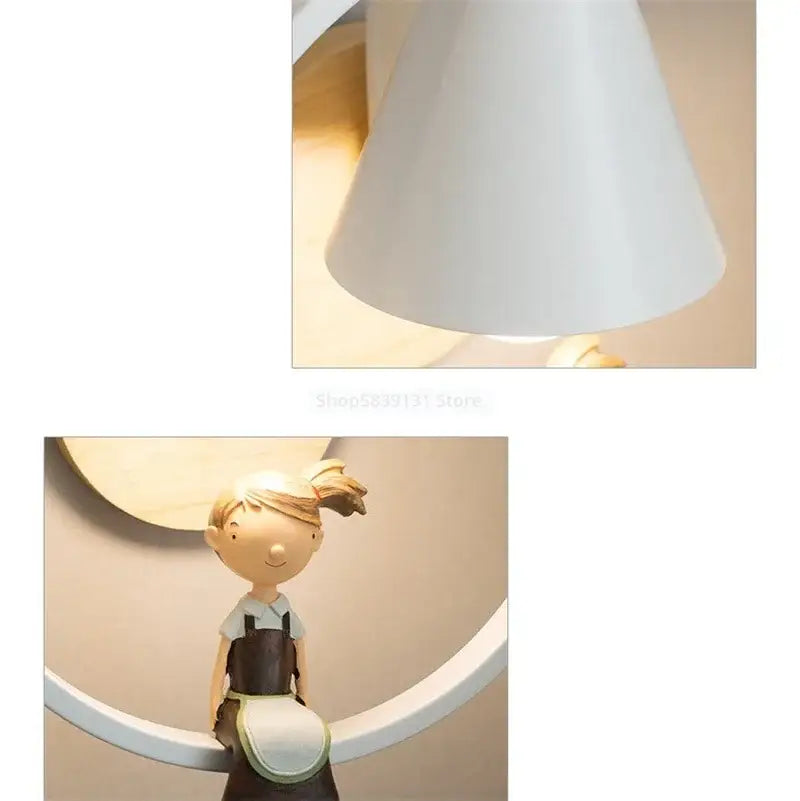 Modern white led wall lamps featuring a conical shade and a smiling girl figurine for bedroom use