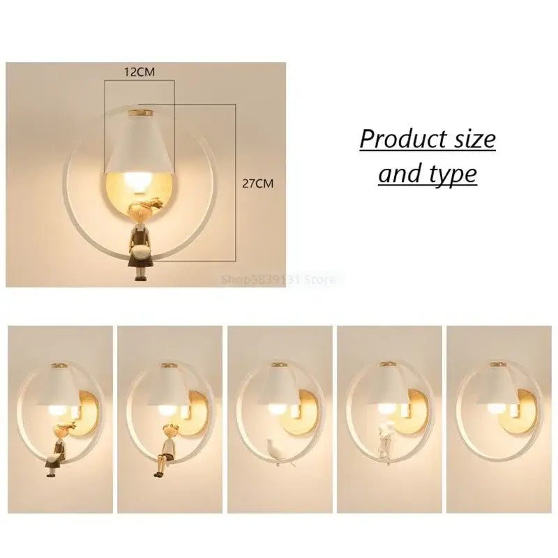 Modern white child figurine led wall lamps with gold-toned circular frame and cute white lampshade for bedroom use
