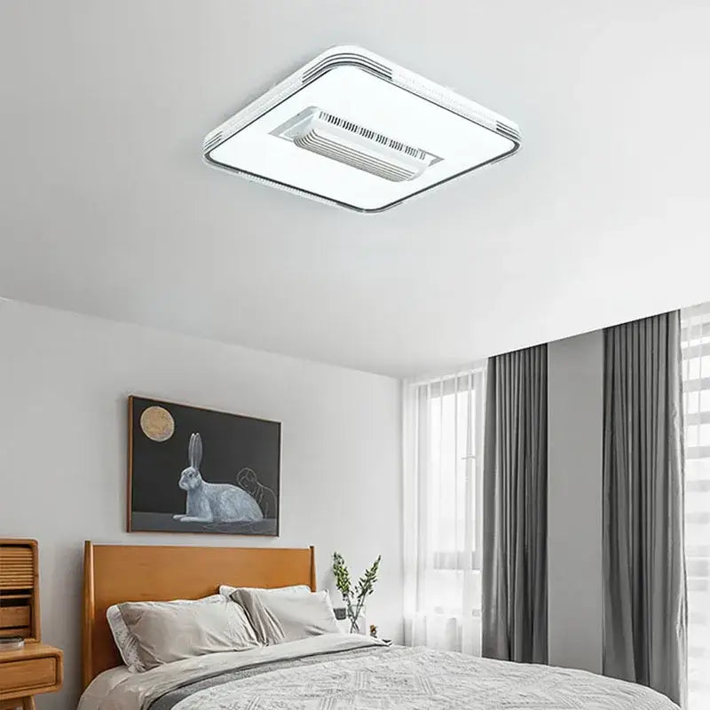 Modern white and chrome square ceiling fan chandelier with integrated air conditioning unit and led bedroom light