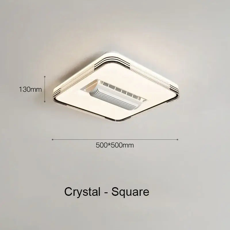 Modern white and chrome square ceiling fan chandelier with sleek crystal finish and integrated led panel for bedroom lighting