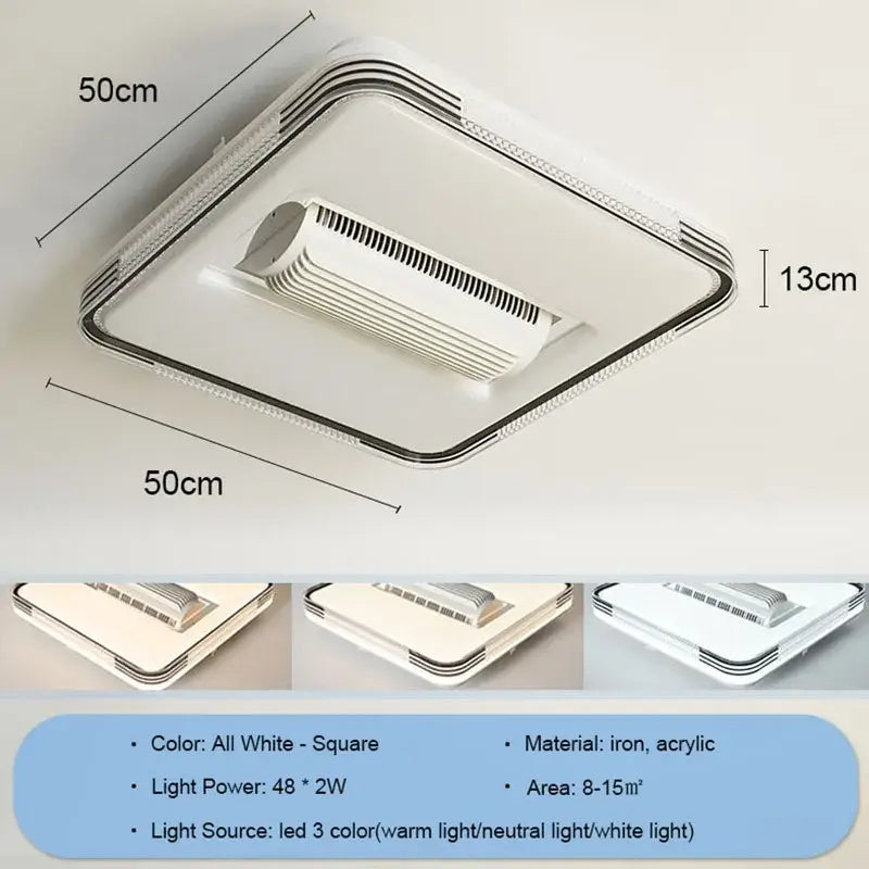 A sleek modern white iron and acrylic ceiling fan chandelier with square design for bedroom led lighting