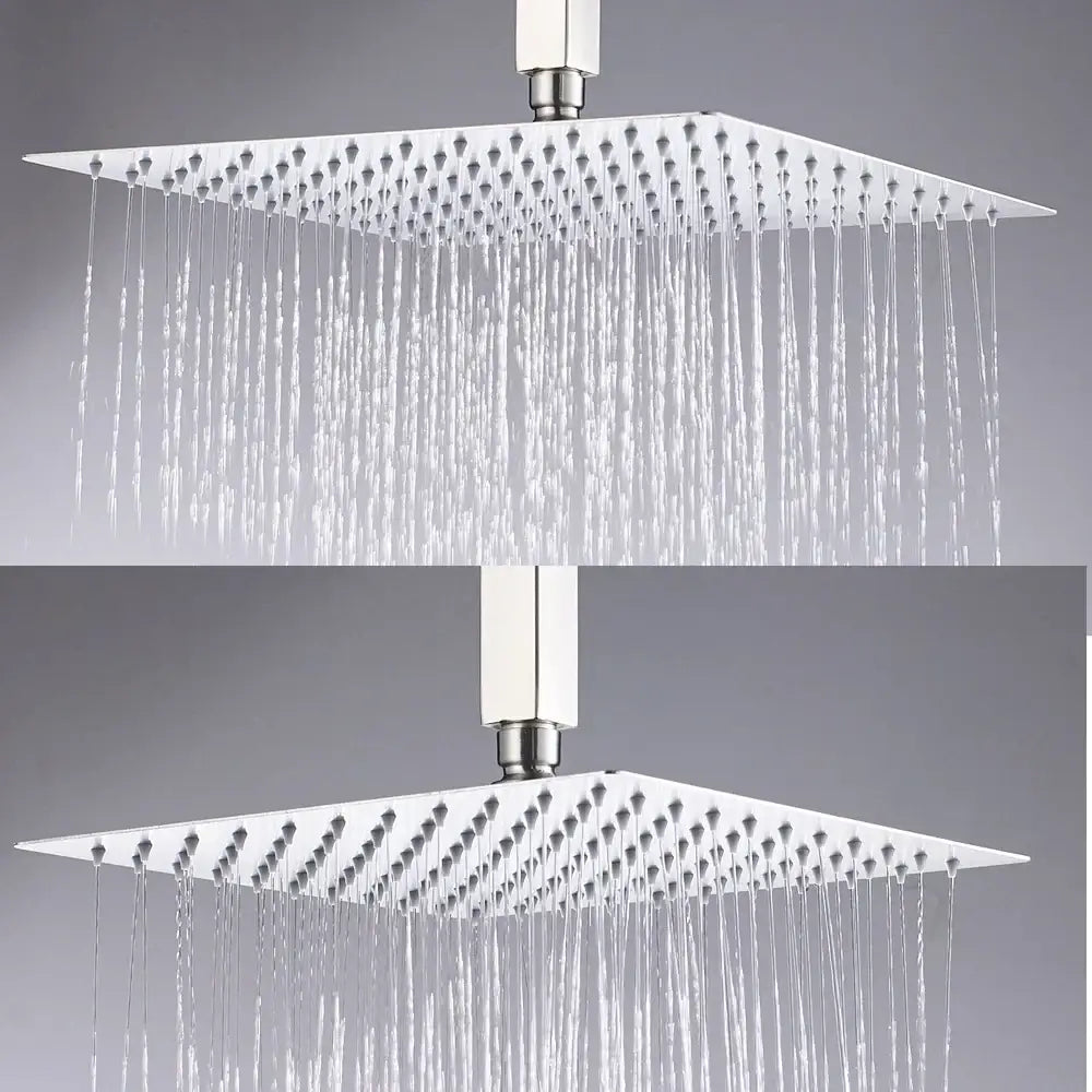Modern white chrome square rainfall shower head with multiple water jets for an enhanced rainfall shower experience