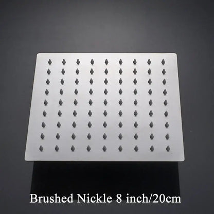 Brushed nickel square rainfall shower head with dark gray nozzles for modern white chrome bathroom fixture