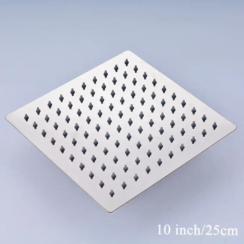 Modern white chrome square rainfall shower head with stainless steel and dark nozzles for rainfall shower use