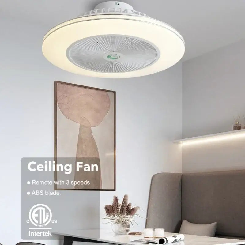 Modern white circular ceiling fan light with integrated led lighting and abs blades for living room use