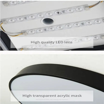 Black curved acrylic mask with high transparent finish paired with modern white circular decorbites ceiling aluminium lights