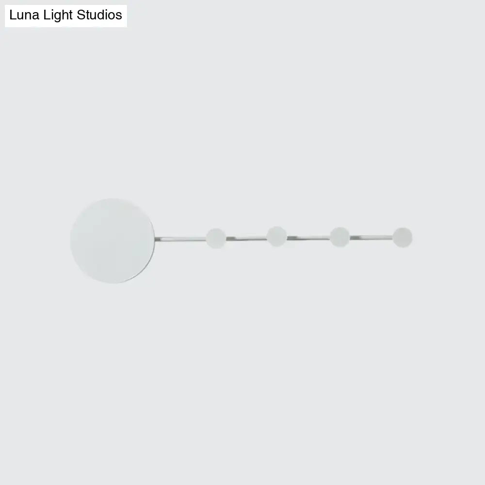 Modern white circular led wall lamp with sleek metallic rod and five frosted glass orbs bulb included light fixture