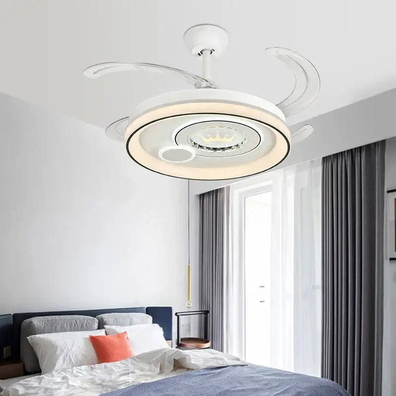 Modern white circular smart ceiling fan light with integrated led and transparent curved blades for bedroom use