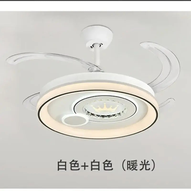 Modern white circular ceiling fan light with integrated led and clear curved blades for bedroom use