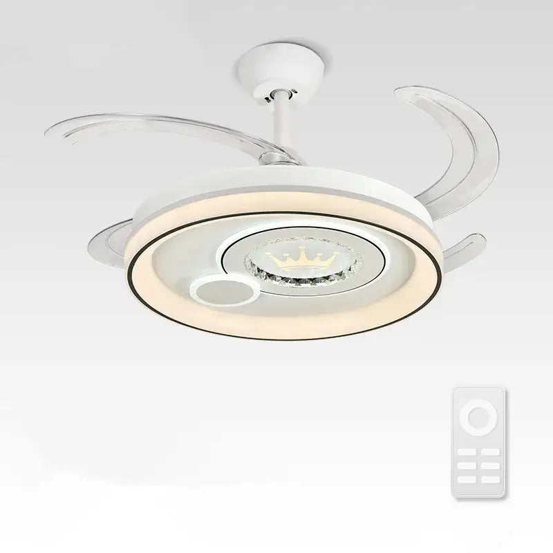 Modern white circular smart ceiling fan light with integrated led and central crown design for bedroom use