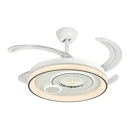 Modern white circular ceiling fan light with curved blades and integrated led lighting featuring a crown design