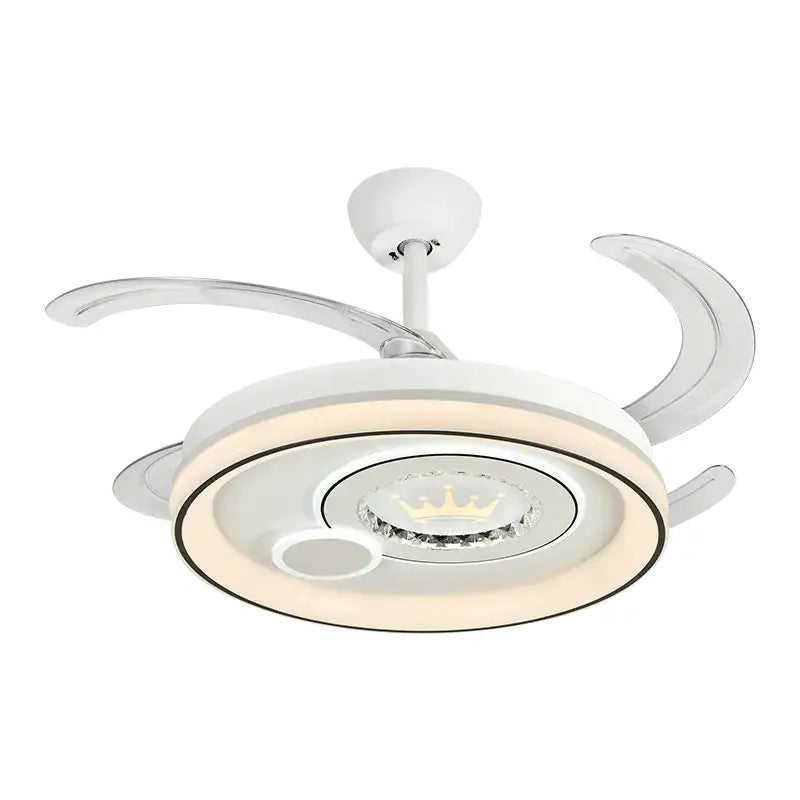 Modern white circular ceiling fan light with curved blades and integrated led lighting featuring a crown design
