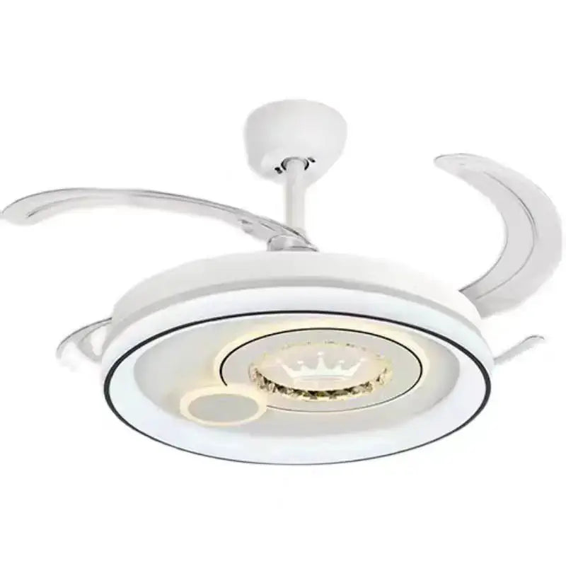 Modern white circular ceiling fan light with three curved blades and integrated lighting for bedroom use