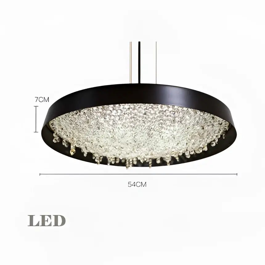 Modern black circular pendant light with clear crystal pendant droplets by decorbites for living room decor