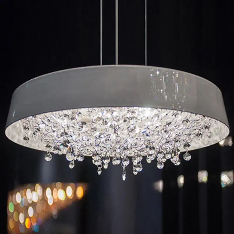 Modern white clear crystal pendant light with a sleek ceramic base and decorbites clear crystal droplets for living room decor