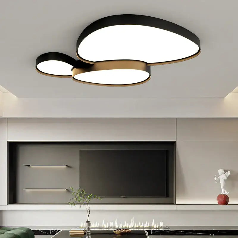 Modern black and gold cloud ceiling lights with three interconnected oval LED panels for living room decorbites cloud ceiling
