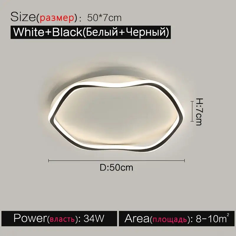 Modern white and black LED oval ceiling lamp designed as a bedroom ceiling lamp for minimalist décor
