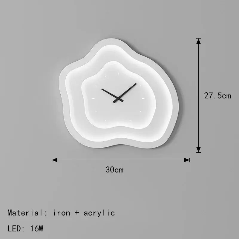 Modern white led wall lamp clock with layered organic iron and acrylic design for bedroom dimmable use