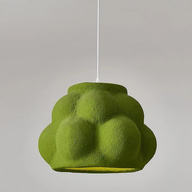 Modern white cloud pendant light with plush olive-green textured surface and yellow interior lining for dining room decorbites green nordic