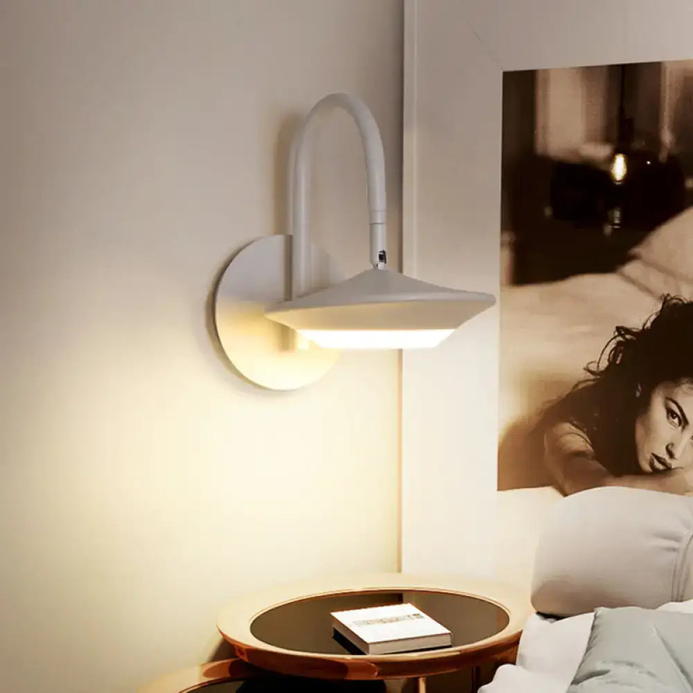 Modern white and coffee rotatable wall sconce lamp with curved arm and angled shade for bedroom LED lighting