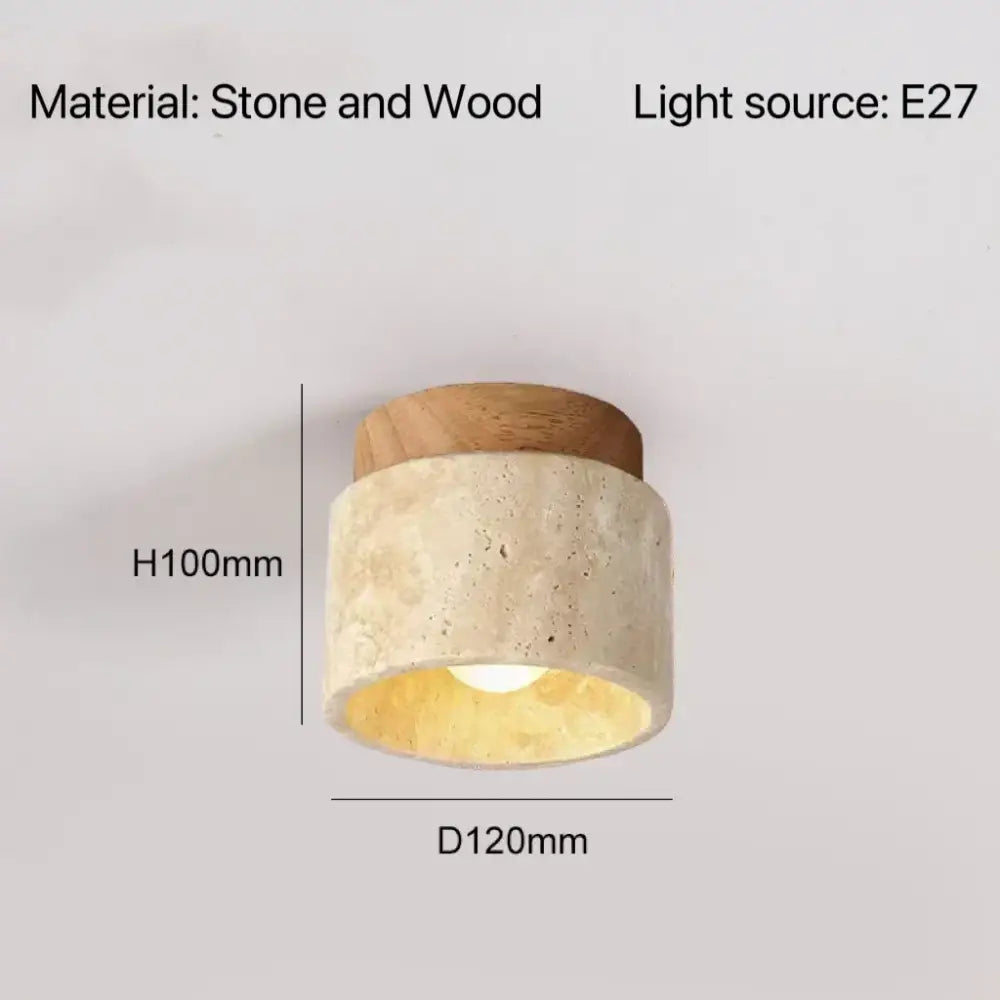 Rounded ceiling-mounted pendant light with natural wood top and beige stone body for modern rustic lighting area