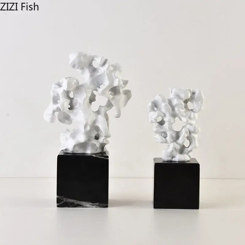 Modern white coral creative resin sculpture with black marble bases for elegant living room decor