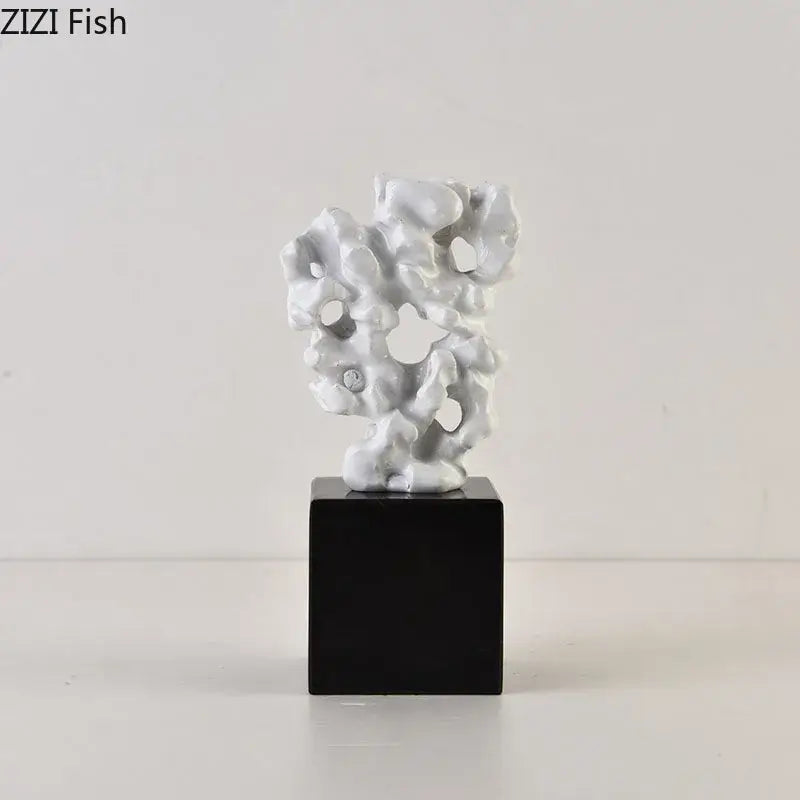 Modern white coral creative resin sculpture on black base for living room decor and artistic display