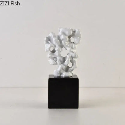 Modern white coral creative resin sculpture on black base for living room decor and artistic display