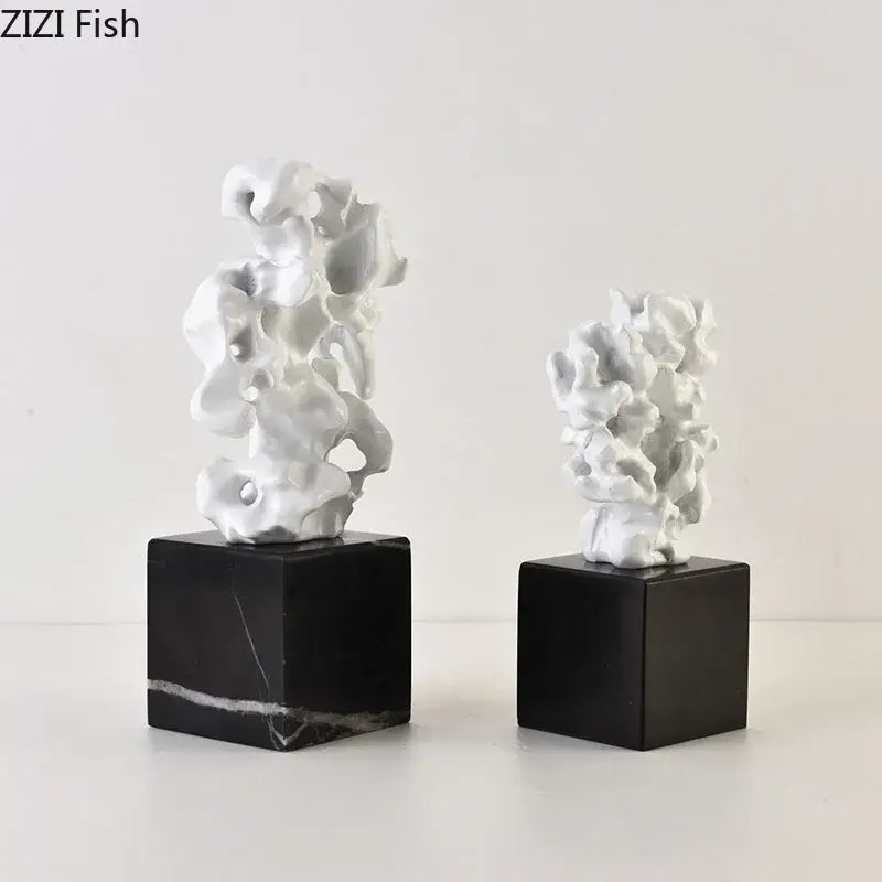 Modern white coral creative resin sculptures on black marble bases for elegant living room decor display