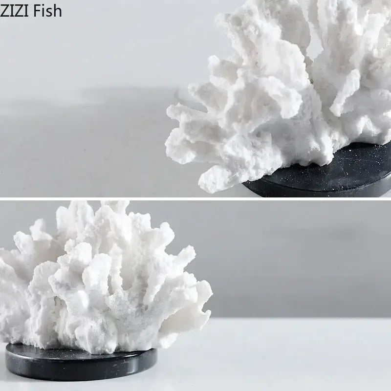 Modern white coral resin sculpture on black circular base for living room desk decor featuring decorbites coral resin design