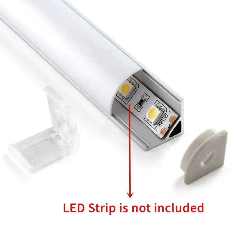 Silver aluminum profile with visible circuit board and mounting clips for modern white corner led strip lights kitchen