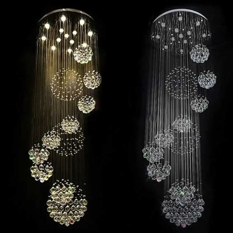 Modern white decorbites crystal ball chandelier with cascading strands and spherical crystal clusters for living room staircase lighting