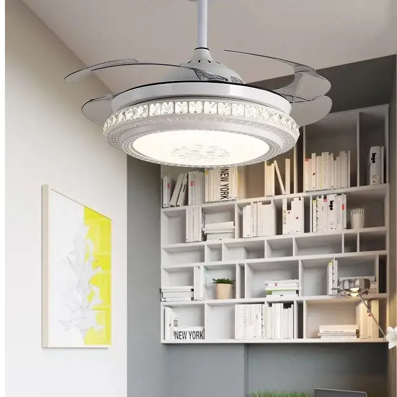Modern white crystal chandeliers ceiling fan with led light and crystal embellishments for bedroom decorbites crystal chandeliers
