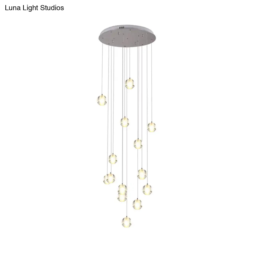 Modern White Crystal Cluster Pendant Light with 14 Bulbs - Meteor Shower Stair Hanging Lamp