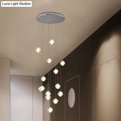 Modern White Crystal Cluster Pendant Light with 14 Bulbs - Meteor Shower Stair Hanging Lamp