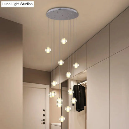 Modern White Crystal Cluster Pendant Light with 14 Bulbs - Meteor Shower Stair Hanging Lamp