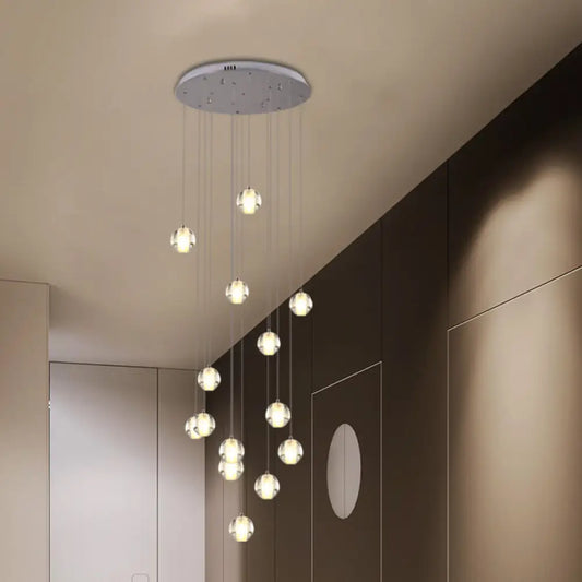 Modern White Crystal Cluster Pendant Light with 14 Bulbs - Meteor Shower Stair Hanging Lamp