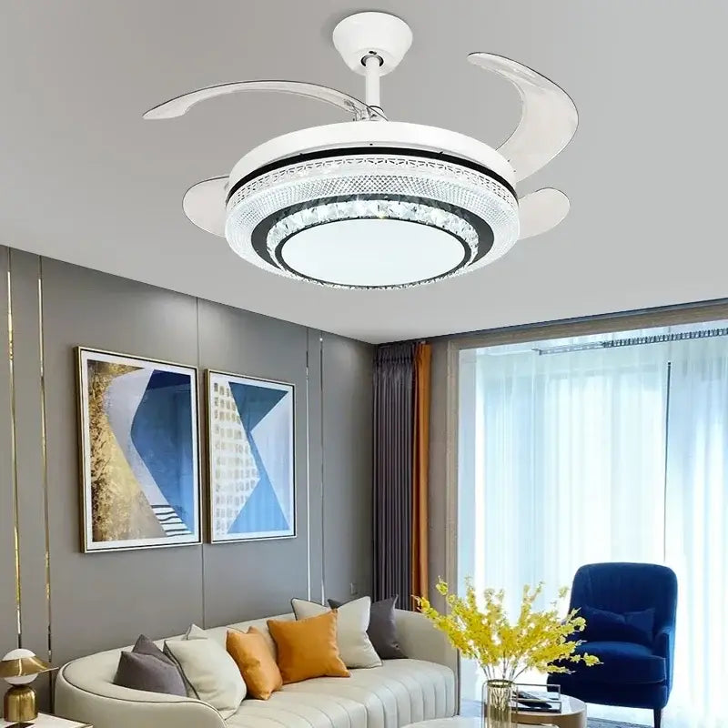 Modern white crystal led ceiling fan with integrated lighting and remote control for bedroom decorbites led ceiling fan