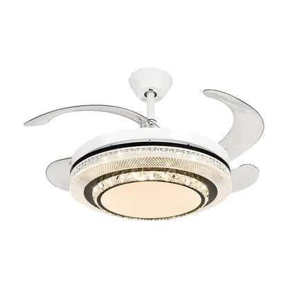 Modern white crystal led ceiling fan with circular design, three curved blades, and integrated lighting for bedroom decorbites led ceiling fan