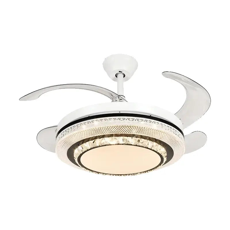 Modern white crystal led ceiling fan with circular design, three curved blades, and integrated lighting for bedroom decorbites led ceiling fan