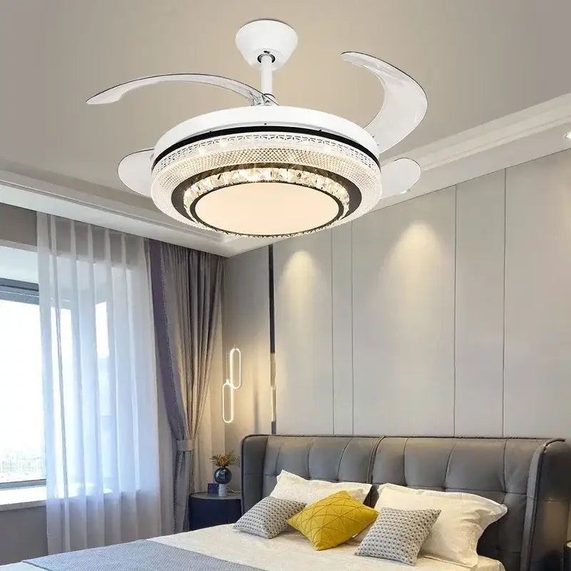 Modern white crystal led ceiling fan with integrated lighting and remote control for bedroom decorbites led ceiling fan