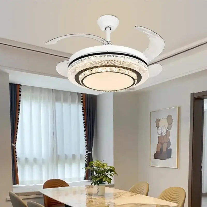 Modern white crystal led ceiling fan with integrated lighting and decorative accents for bedroom decorbites led ceiling fan