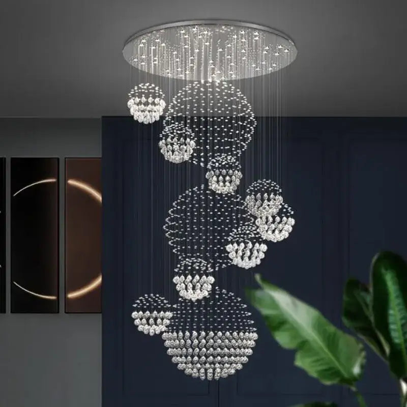 Modern white crystal led chandelier with cascading clear crystal beads in tiered clusters by decorbites crystal led