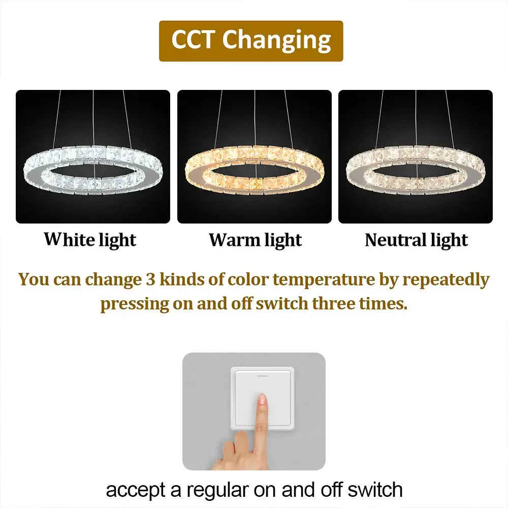 Modern white crystal ring pendant chandelier with three adjustable color temperatures for dining room decorbites crystal ring